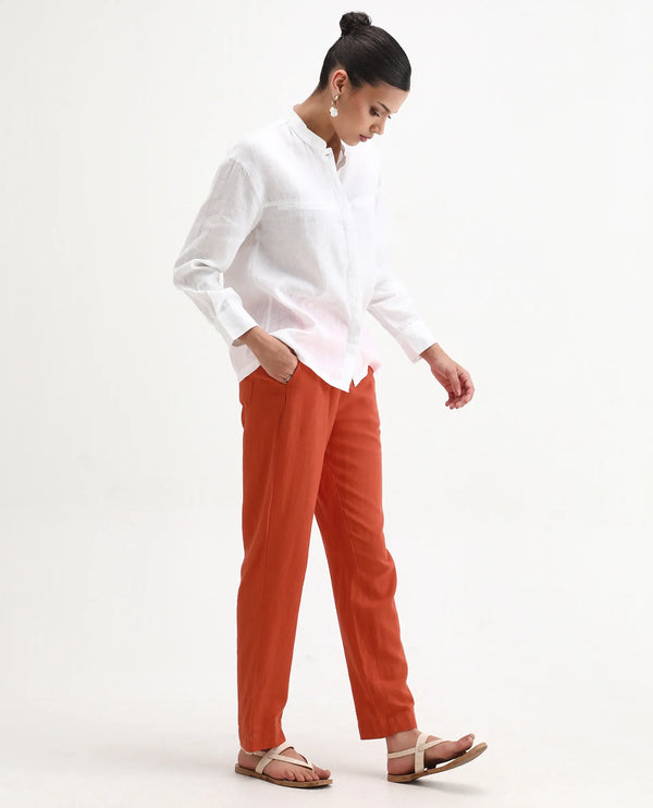 Rareism Women Costa-B Pastel Rust Cotton Linen Fabric Button Closure Regular Fit Plain Ankle Length Tapered Trousers