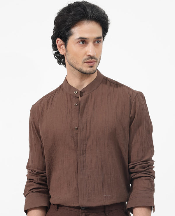 Rare Rabbit Men's Crinkle LS Brown Cotton Fabric Mandarin Collar Full Sleeves Solid Crinkle Effect Solid Shirt