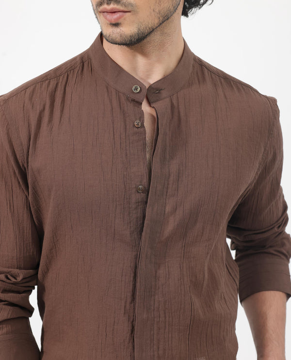 Rare Rabbit Men's Crinkle LS Brown Cotton Fabric Mandarin Collar Full Sleeves Solid Crinkle Effect Solid Shirt