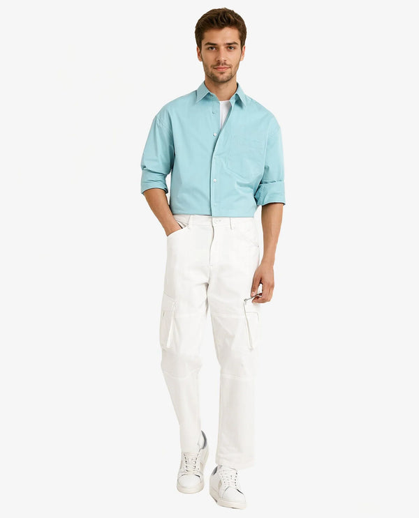 Rare Rabbit Men's Crofty Pastel Blue Cotton Lycra Fabric Full Sleeves Collared Neck Regular Fit Plain Shirt
