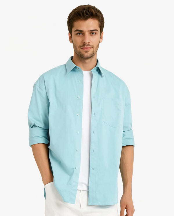 Rare Rabbit Men's Crofty Pastel Blue Cotton Lycra Fabric Full Sleeves Collared Neck Regular Fit Plain Shirt