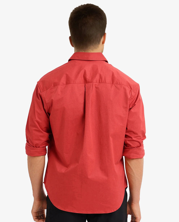 Rare Rabbit Men's Crofty Red Cotton Lycra Fabric Full Sleeves Collared Neck Regular Fit Plain Shirt