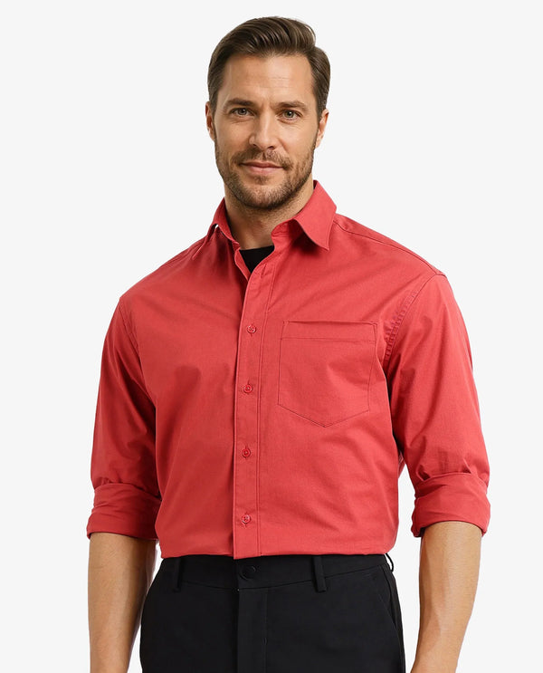 Rare Rabbit Men's Crofty Red Cotton Lycra Fabric Full Sleeves Collared Neck Regular Fit Plain Shirt