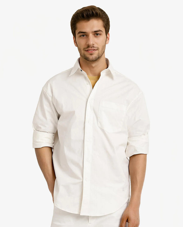 Rare Rabbit Men's Crofty White Cotton Lycra Fabric Full Sleeves Collared Neck Regular Fit Plain Shirt