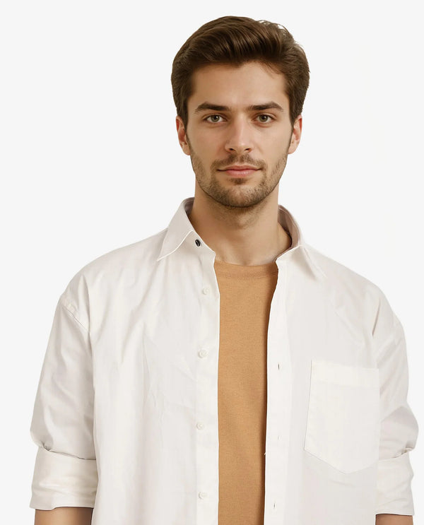 Rare Rabbit Men's Crofty White Cotton Lycra Fabric Full Sleeves Collared Neck Regular Fit Plain Shirt