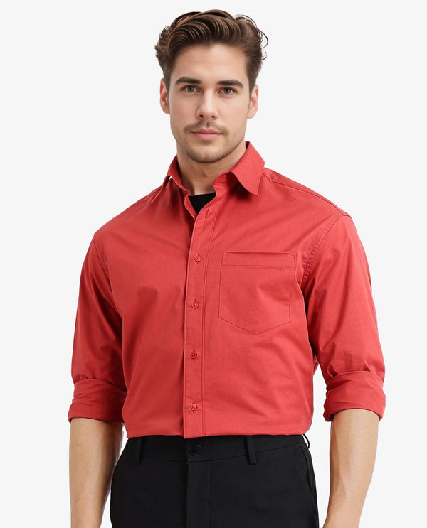 Rare Rabbit Men's Crofty Red Cotton Lycra Fabric Full Sleeves Collared Neck Regular Fit Plain Shirt
