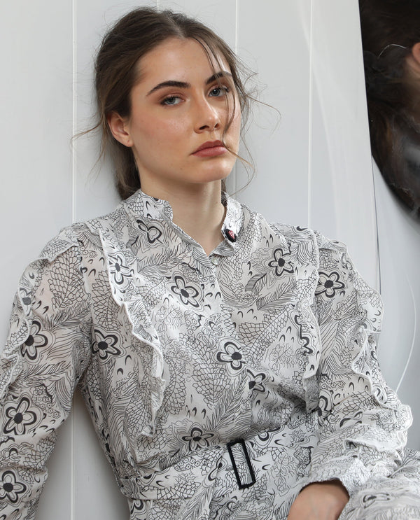 Rareism Women Roose White Cotton Fabric Full Sleeves Button Closure Mandarin Collar Regular Fit Floral Print Knee Length Flared Dress