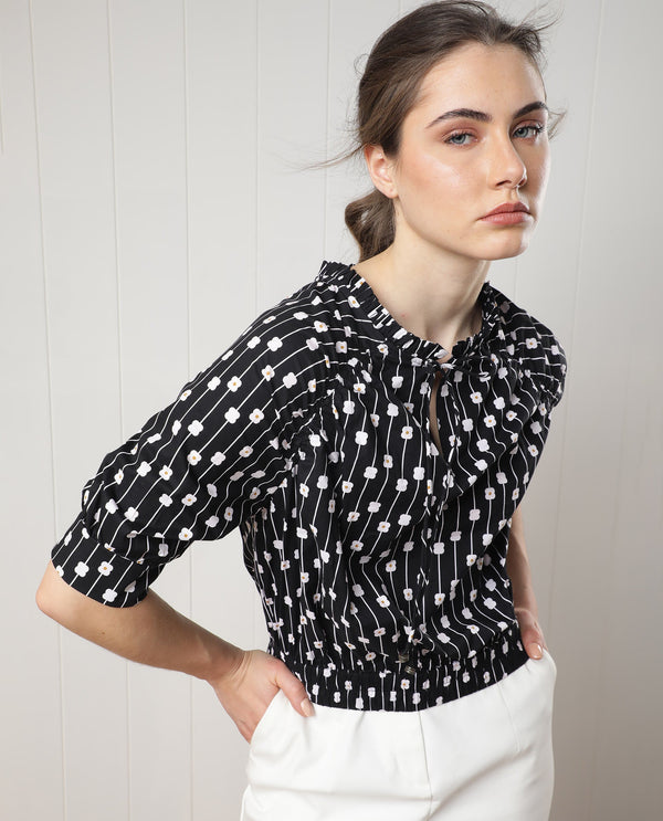 Rareism Women Jack Black Cotton Fabric Short Sleeves Button Closure Tie-Up Neck Volume Sleeve Relaxed Fit Floral Print Top