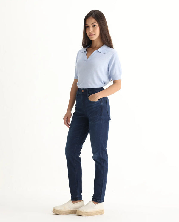 Rareism Womens Curvism Blue Jeans Cotton Elastic Fabric Regular Fit Button Closure High Rise Waist Rise Ankle Length