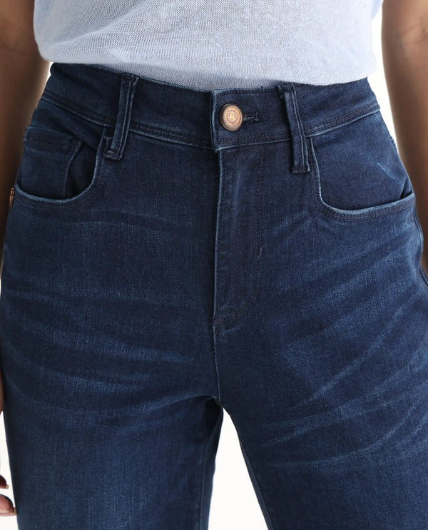 Rareism Womens Curvism Blue Jeans Cotton Elastic Fabric Regular Fit Button Closure High Rise Waist Rise Ankle Length