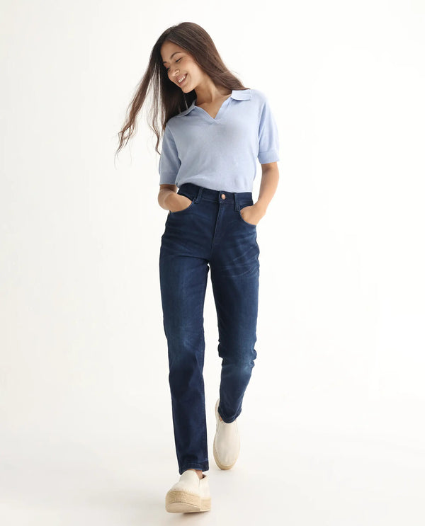 Rareism Womens Curvism Blue Jeans Cotton Elastic Fabric Regular Fit Button Closure High Rise Waist Rise Ankle Length