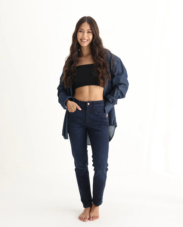 Rareism Womens Curvism Navy Jeans Cotton Elastic Fabric Regular Fit Button Closure High Rise Waist Rise Ankle Length