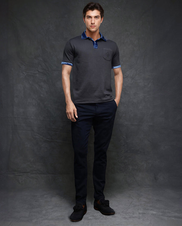 Rare Rabbit Men Danil-1 Dark Grey Cotton Fabric Contrast Detailing Velvet Collar And Sleeves Half Sleeve Polo T-Shirt