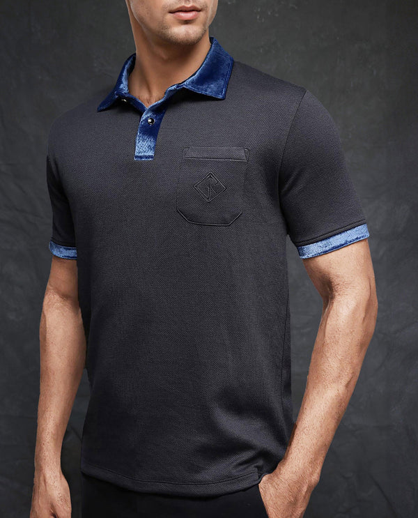 Rare Rabbit Men Danil-1 Dark Grey Cotton Fabric Contrast Detailing Velvet Collar And Sleeves Half Sleeve Polo T-Shirt