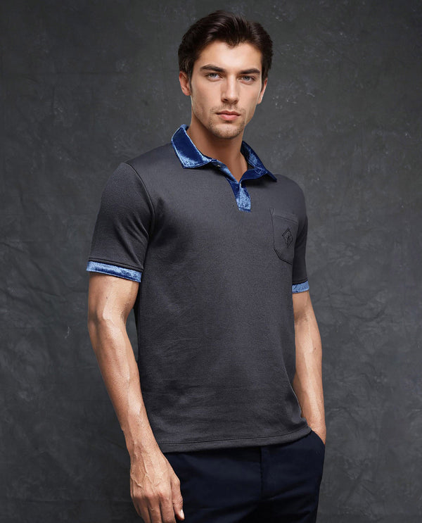 Rare Rabbit Men Danil-1 Dark Grey Cotton Fabric Contrast Detailing Velvet Collar And Sleeves Half Sleeve Polo T-Shirt