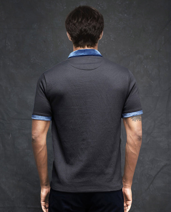 Rare Rabbit Men Danil-1 Dark Grey Cotton Fabric Contrast Detailing Velvet Collar And Sleeves Half Sleeve Polo T-Shirt