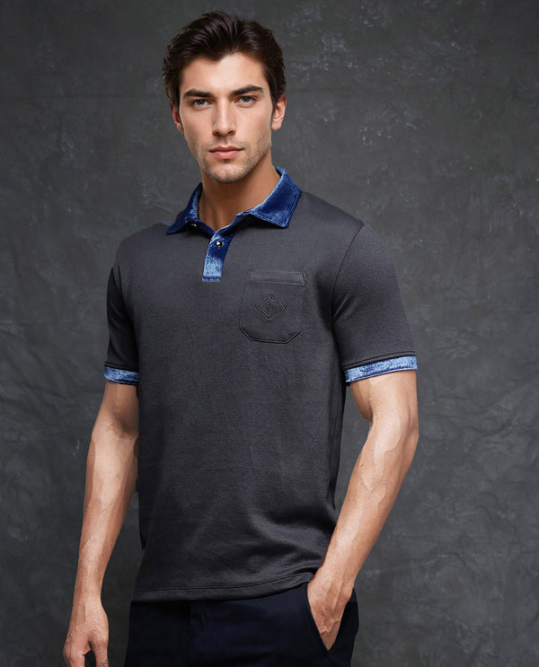 Rare Rabbit Men Danil-1 Dark Grey Cotton Fabric Contrast Detailing Velvet Collar And Sleeves Half Sleeve Polo T-Shirt
