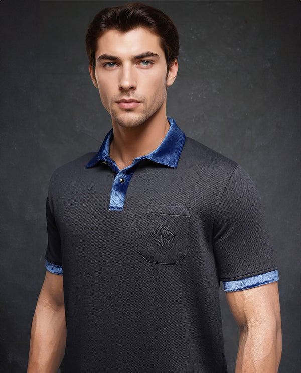 Rare Rabbit Men Danil-1 Dark Grey Cotton Fabric Contrast Detailing Velvet Collar And Sleeves Half Sleeve Polo T-Shirt