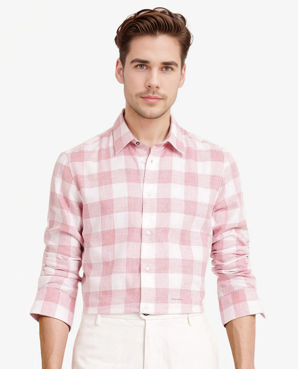 Rare Rabbit Men Denmark Light Pink Cotton Lyocell Fabric Full Sleeve Regular Collar Button Closure Checks Shirt