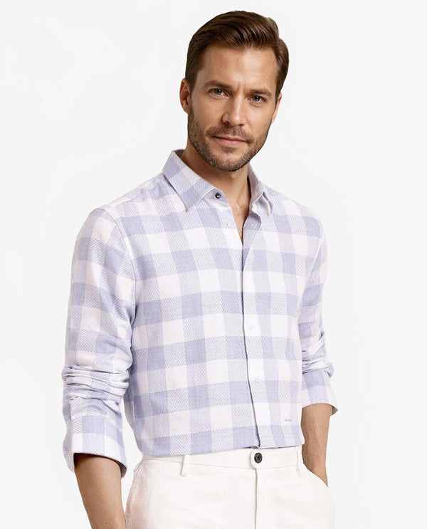 Rare Rabbit Men Denmark Light Blue Cotton Lyocell Fabric Full Sleeve Regular Collar Button Closure Checks Shirt