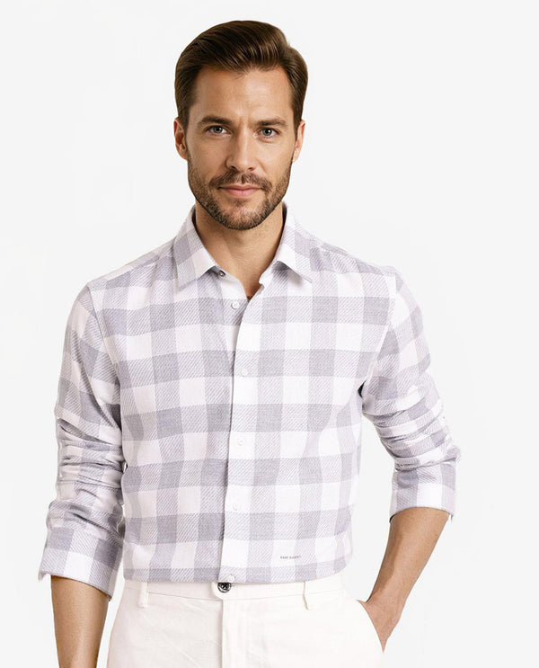 Rare Rabbit Men Denmark Light Grey Cotton Lyocell Fabric Full Sleeve Regular Collar Button Closure Checks Shirt