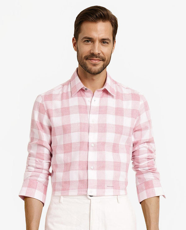 Rare Rabbit Men Denmark Light Pink Cotton Lyocell Fabric Full Sleeve Regular Collar Button Closure Checks Shirt