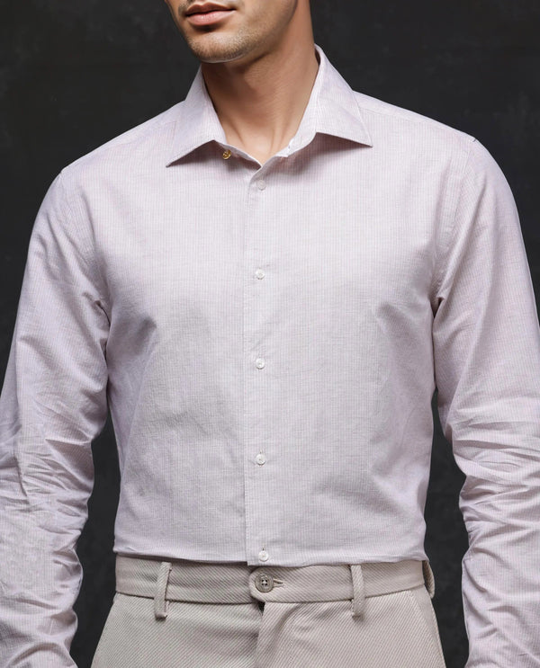 Rare Rabbit Men Dento Beige Cotton Linen Full Sleeve Regular Fit Stripe Print Business Linen Shirt