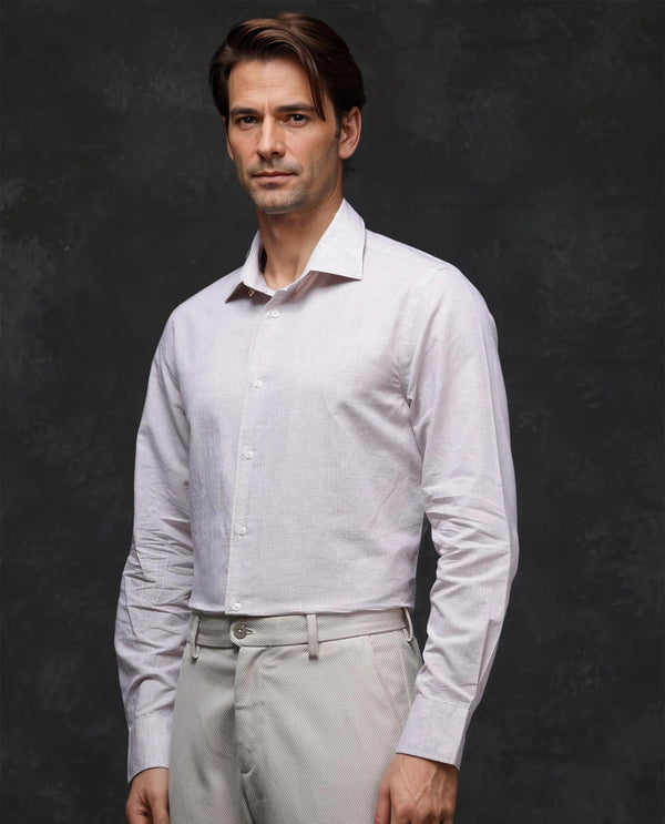 Rare Rabbit Men Dento Beige Cotton Linen Full Sleeve Regular Fit Stripe Print Business Linen Shirt