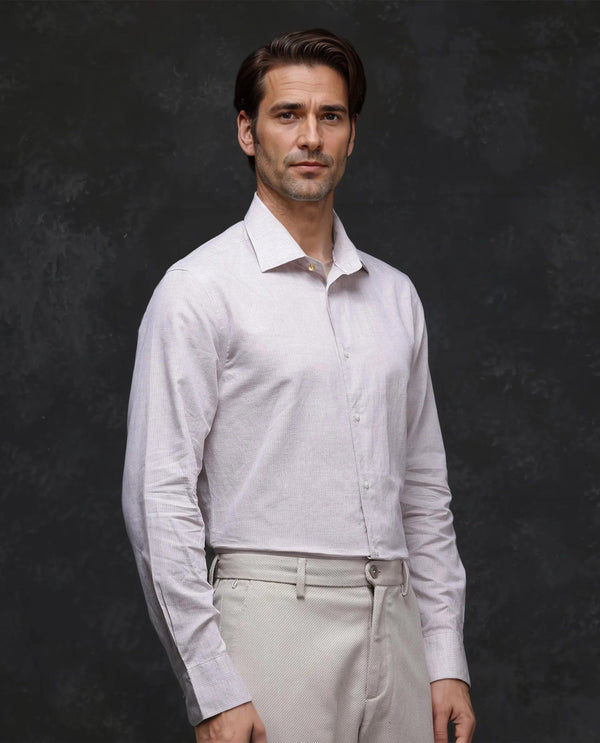Rare Rabbit Men Dento Beige Cotton Linen Full Sleeve Regular Fit Stripe Print Business Linen Shirt