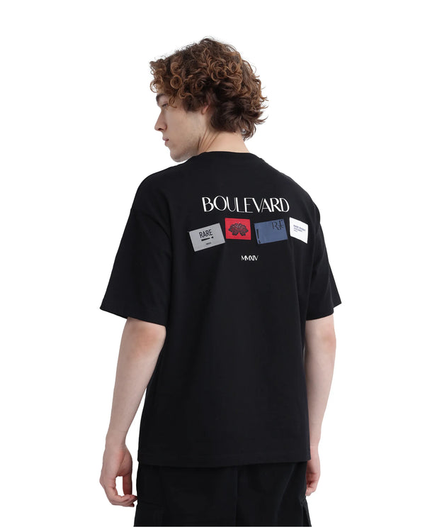 Rare Rabbit Men Derion Black Cotton Fabric Crew Neck Short Sleeve Boxy Fit Label T-Shirt