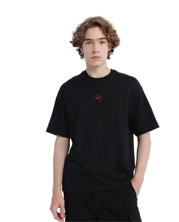 Rare Rabbit Men Derion Black Cotton Fabric Crew Neck Short Sleeve Boxy Fit Label T-Shirt