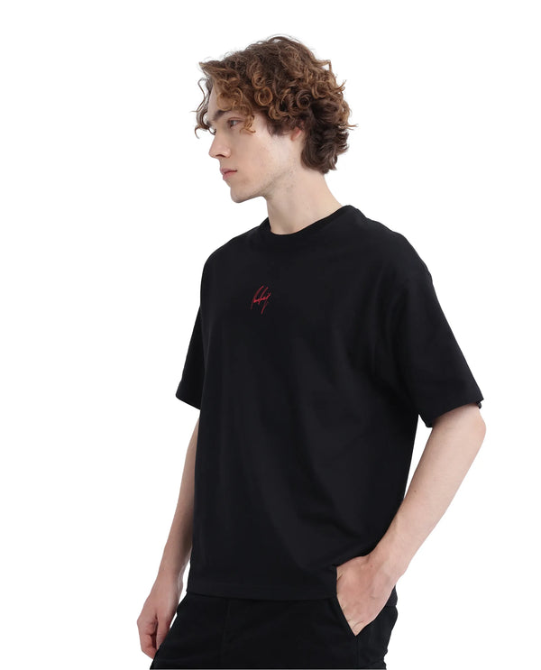 Rare Rabbit Men Derion Black Cotton Fabric Crew Neck Short Sleeve Boxy Fit Label T-Shirt
