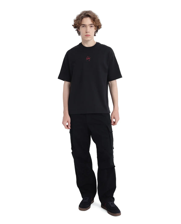 Rare Rabbit Men Derion Black Cotton Fabric Crew Neck Short Sleeve Boxy Fit Label T-Shirt