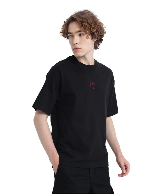 Rare Rabbit Men Derion Black Cotton Fabric Crew Neck Short Sleeve Boxy Fit Label T-Shirt