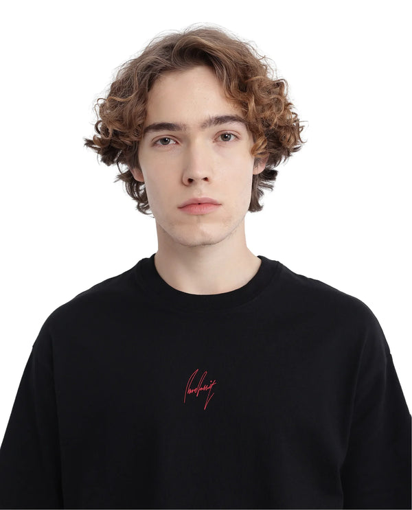 Rare Rabbit Men Derion Black Cotton Fabric Crew Neck Short Sleeve Boxy Fit Label T-Shirt