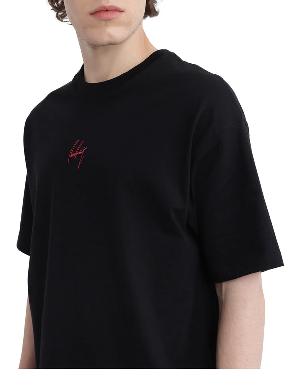 Rare Rabbit Men Derion Black Cotton Fabric Crew Neck Short Sleeve Boxy Fit Label T-Shirt