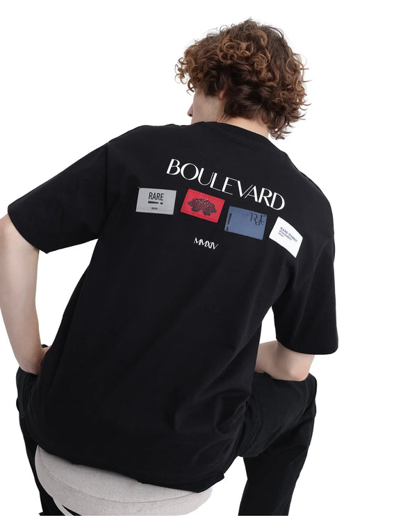 Rare Rabbit Men Derion Black Cotton Fabric Crew Neck Short Sleeve Boxy Fit Label T-Shirt