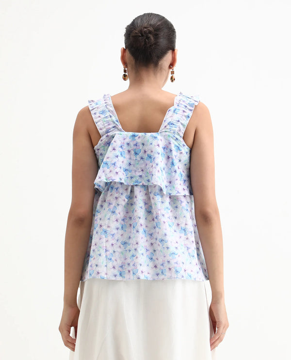 Rareism Women Dew Pastel Purple Cotton Linen Fabric Regular Fit Collarless Sleeveless Floral Print Top