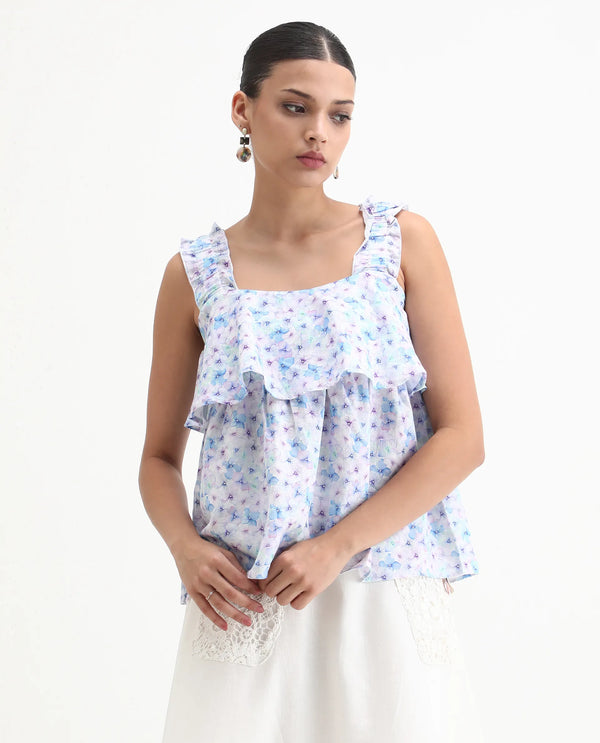 Rareism Women Dew Pastel Purple Cotton Linen Fabric Regular Fit Collarless Sleeveless Floral Print Top