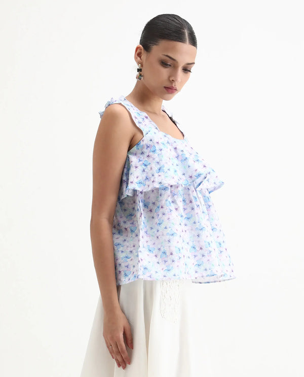 Rareism Women Dew Pastel Purple Cotton Linen Fabric Regular Fit Collarless Sleeveless Floral Print Top