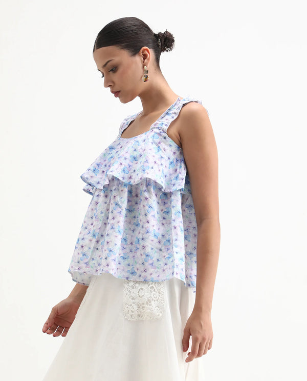 Rareism Women Dew Pastel Purple Cotton Linen Fabric Regular Fit Collarless Sleeveless Floral Print Top