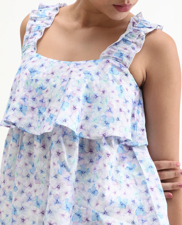 Rareism Women Dew Pastel Purple Cotton Linen Fabric Regular Fit Collarless Sleeveless Floral Print Top