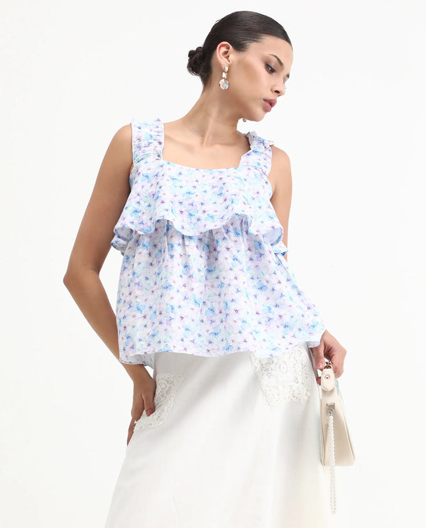 Rareism Women Dew Pastel Purple Cotton Linen Fabric Regular Fit Collarless Sleeveless Floral Print Top