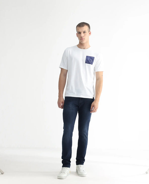 Rare Rabbit Men's Diep Fluorescent Blue Mid Wash Mid-Rise Slim Fit Jeans