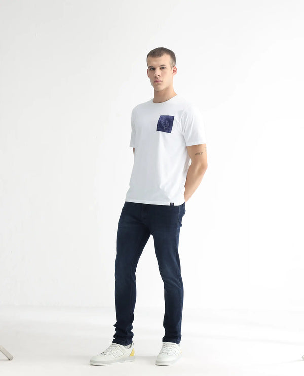 Rare Rabbit Men's Diep Fluorescent Blue Mid Wash Mid-Rise Slim Fit Jeans