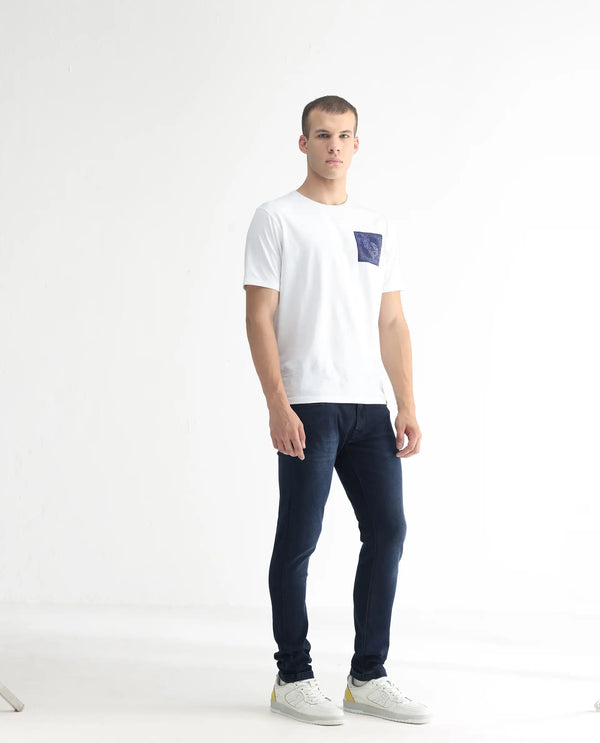 Rare Rabbit Men's Diep Fluorescent Blue Mid Wash Mid-Rise Slim Fit Jeans