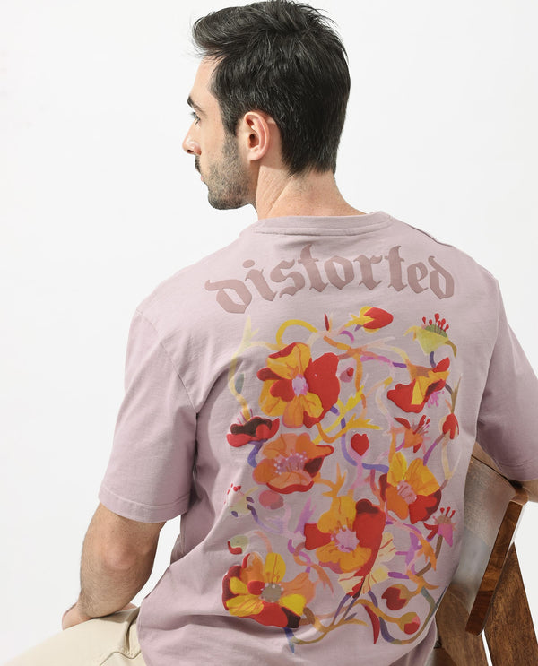 Rare Rabbit Articale Men's Dist Purple Crew Neck Short Sleeves Botanical Print Oversized T-Shirt