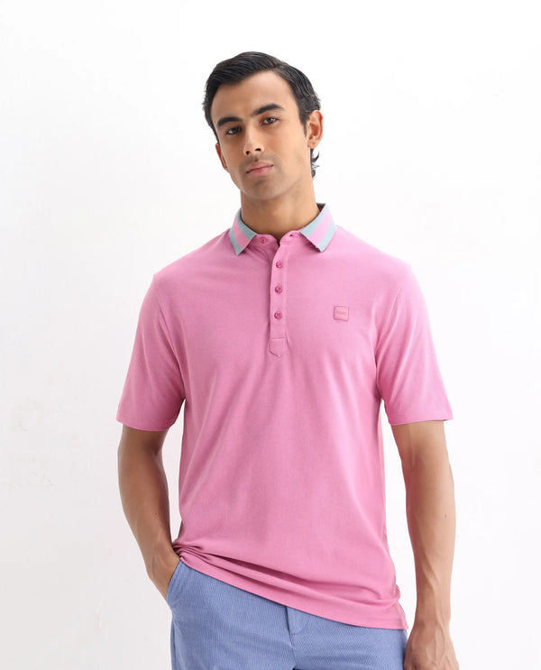 Rare Rabbit Men's Divide Light Purple Cotton Fabric Striped Collar Half Sleeves Polo T-Shirt