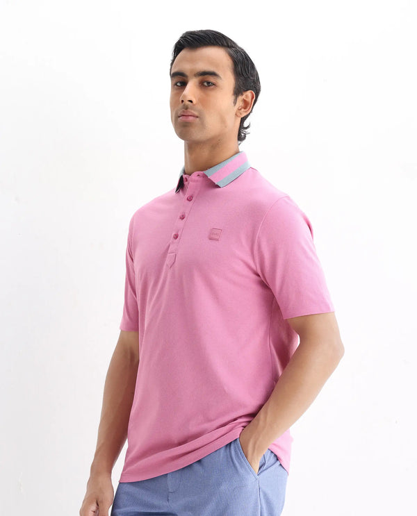 Rare Rabbit Men's Divide Light Purple Cotton Fabric Striped Collar Half Sleeves Polo T-Shirt