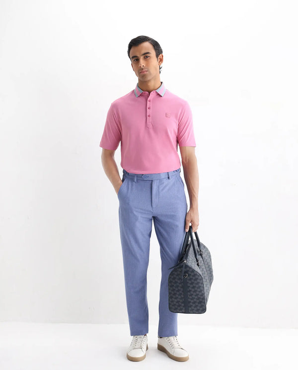 Rare Rabbit Men's Divide Light Purple Cotton Fabric Striped Collar Half Sleeves Polo T-Shirt